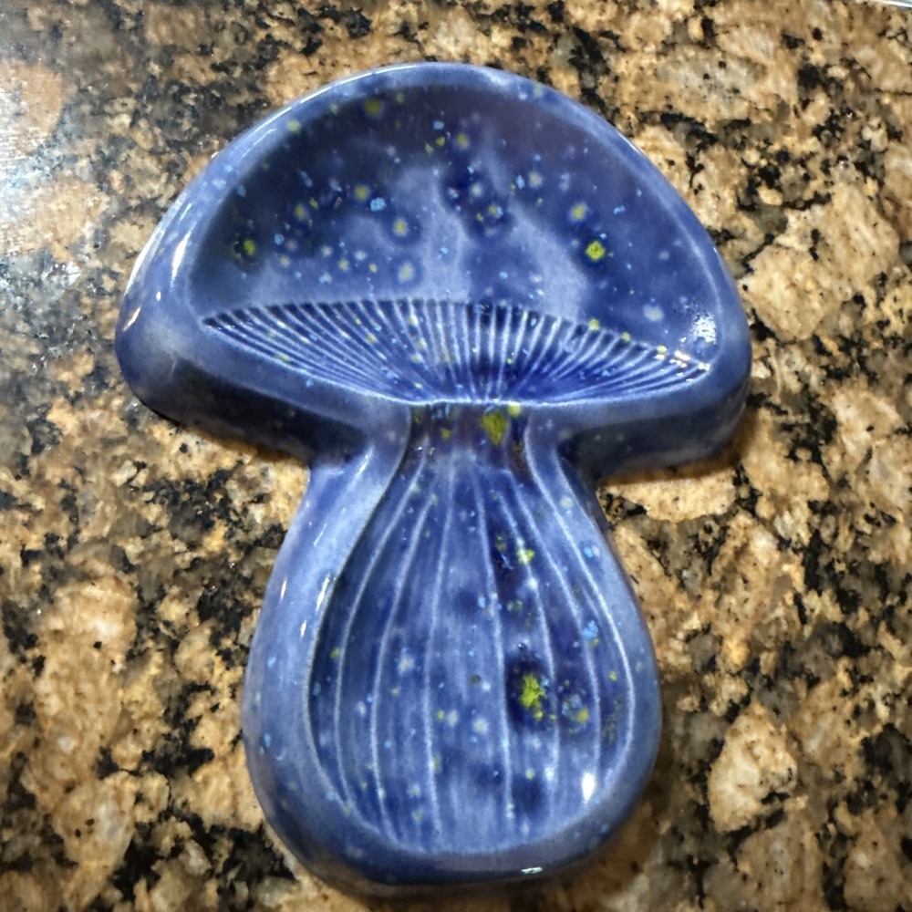 Vtg Ceramic Mushroom Blue Green Speckled Spoon Rest 7 3/4" X 6" Trinket Tray